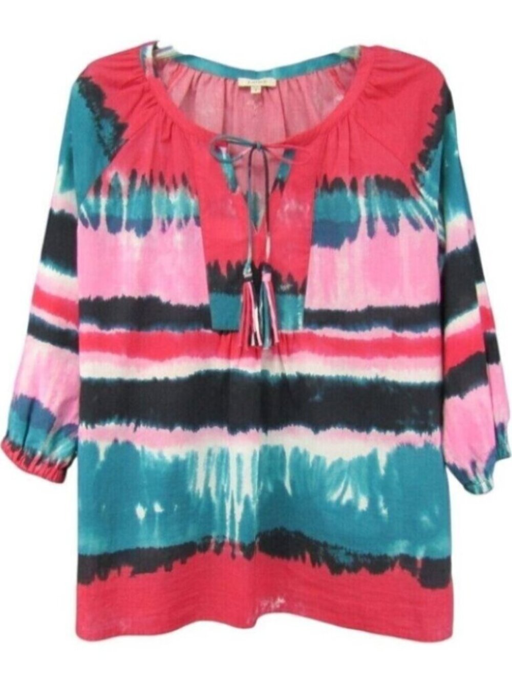 Tyler Boe Red Blue Pink Black Tasseled Tie Dye Stripe Top Size S 3/4 Sleeve